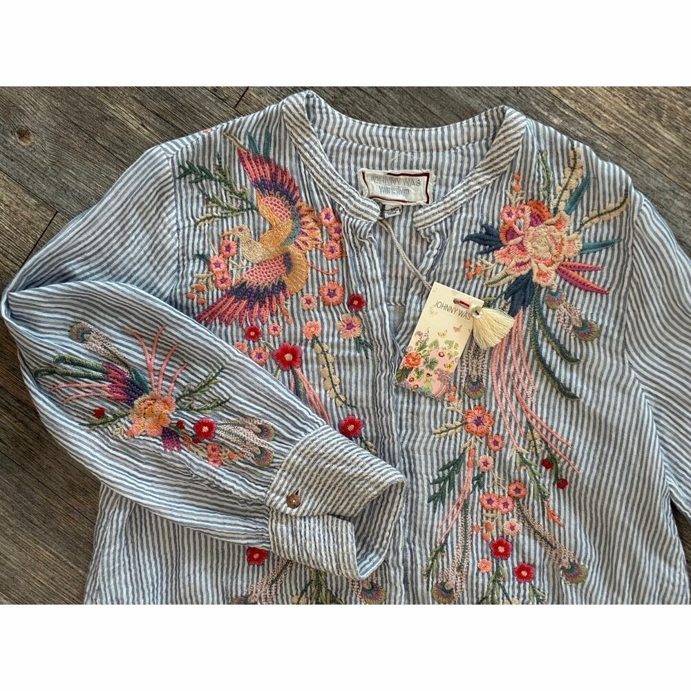 NWT Johnny Was Workshop $245 Kuren Voyager Tunic XS Embroidered Boho Blue White
